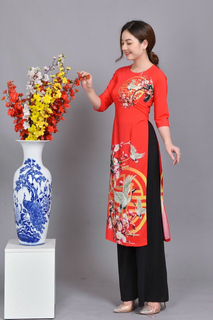 Set Bộ Áo Dài Cách Tân Họa Tiết Ngày Tết AV362